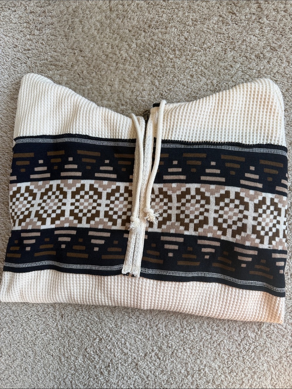 BKE Cream Knit Hooded Sweater with Brown & Black Pattern